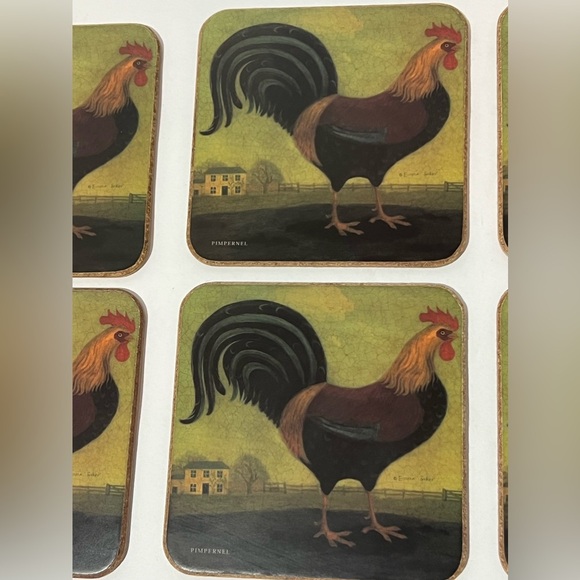 Vintage Pimpernal Set of 6 Rooster Coasters Cork Backed Chicken Farmhouse - Picture 4 of 14